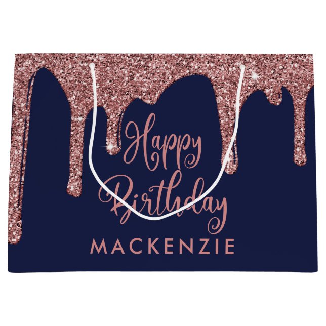 Chic Navy Blue Rose Gold Glitzer Tropfen Geburtsta Große Geschenktüte (Vorderseite)