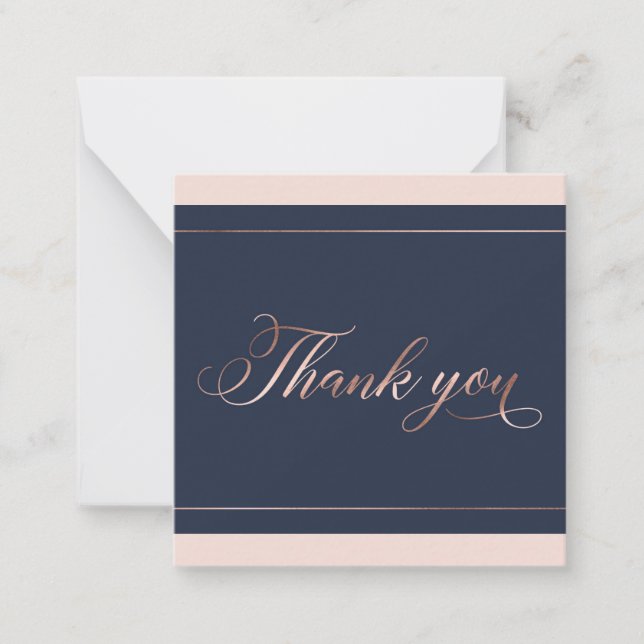 Chic Navy Blue & Rose Gold Script Vielen Dank Mitteilungskarte (Vorderseite)