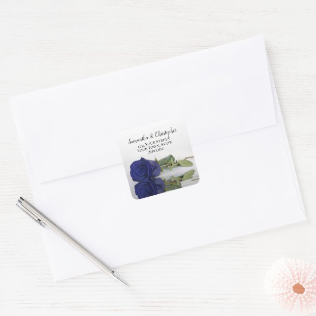 Chic Navy Blue Rose Rücksendeadresse Umschlag Aufk Quadratischer Aufkleber (Umschlag)