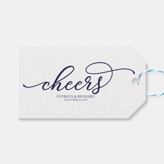 Chic Navy Blue Script Cheers Geschenkanhänger (Vorderseite (Horizontal))