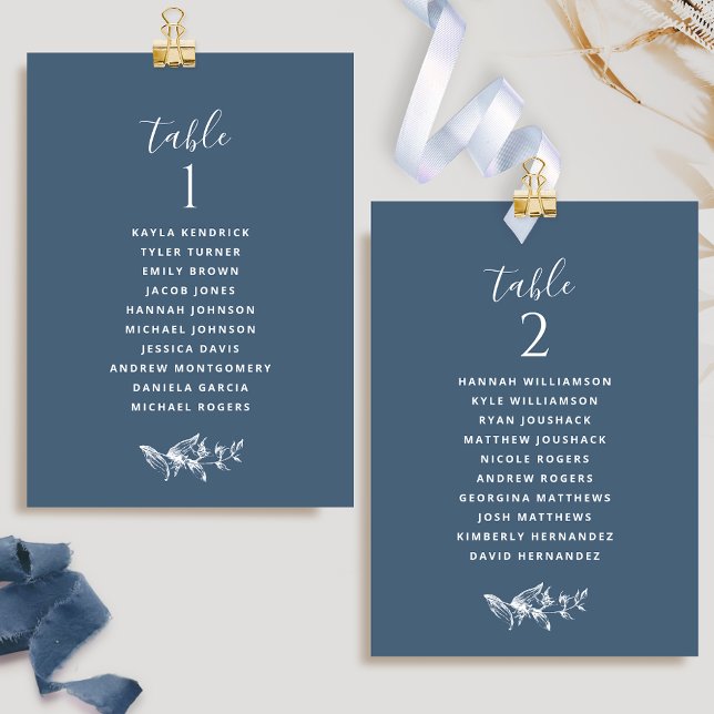 Chic Navy Blue Seating Plan Cards mit Gästennamen (Von Creator hochgeladen)
