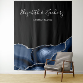 Chic Navy Blue Silver Agate Wedding Foto Booth Wandteppich