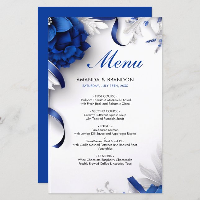 Chic Navy Blue & Silver Blume Ribbons Hochzeit (Vorne/Hinten)