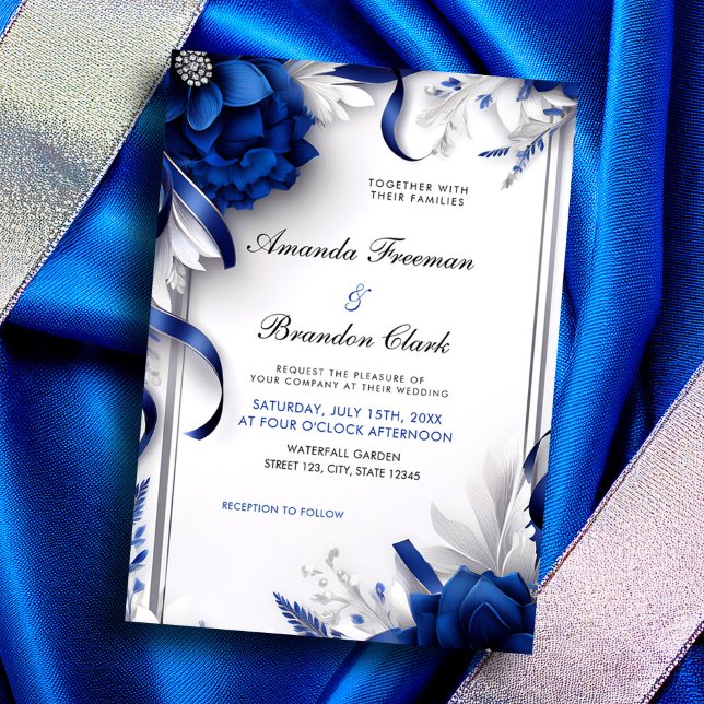 Chic Navy Blue & Silver Blume Ribbons Hochzeit Einladung (Von Creator hochgeladen)