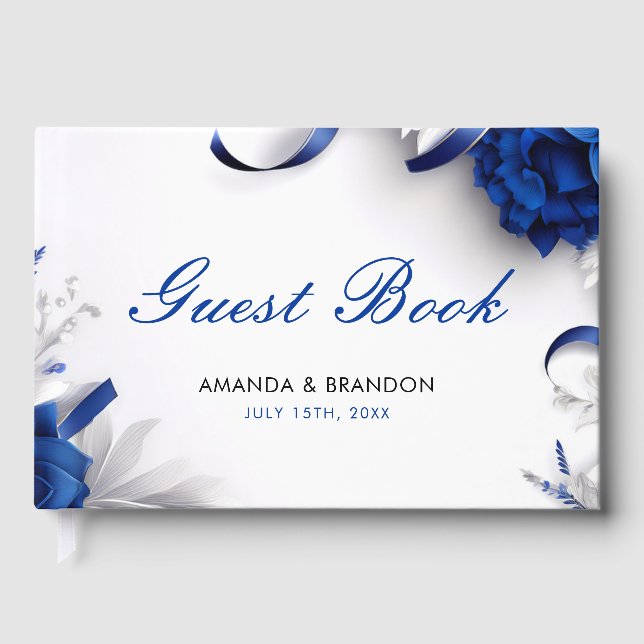 Chic Navy Blue & Silver Blume Ribbons Hochzeit Gästebuch (Vorderseite)