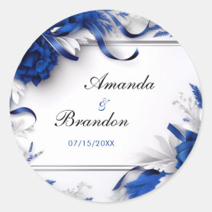 Chic Navy Blue & Silver Blume Ribbons Hochzeit Runder Aufkleber