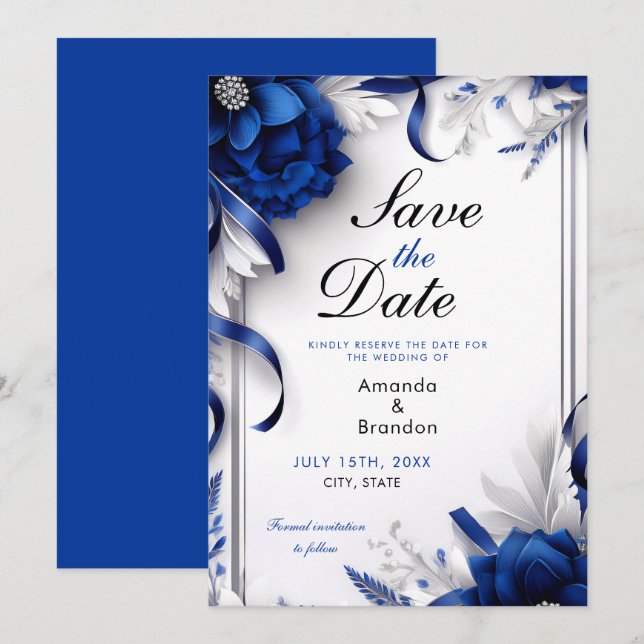 Chic Navy Blue & Silver Blume Ribbons Hochzeit Save The Date (Vorne/Hinten)