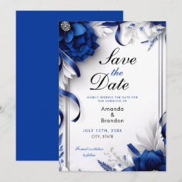 Chic Navy Blue & Silver Blume Ribbons Hochzeit Save The Date
