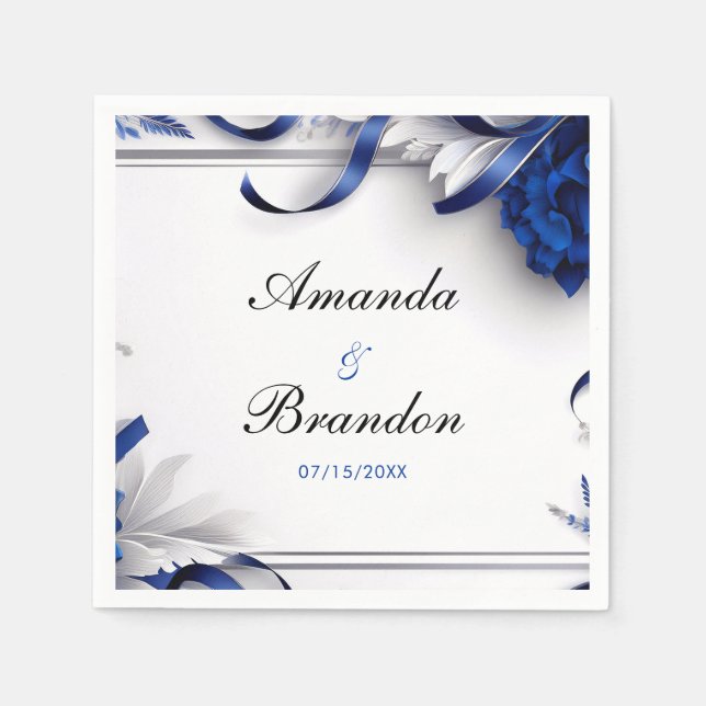 Chic Navy Blue & Silver Blume Ribbons Hochzeit Serviette (Vorderseite)