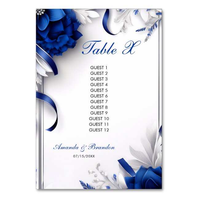 Chic Navy Blue & Silver Blume Ribbons Hochzeit Tischnummer (Vorderseite)