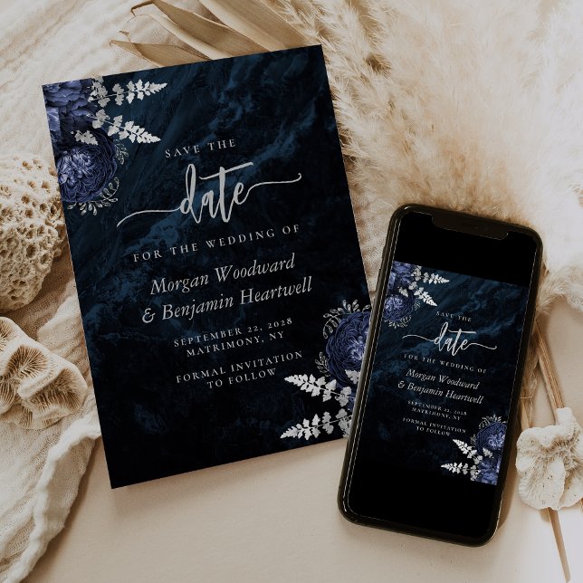 Chic Navy Blue Silver Floral Wedding Save the Date Einladung (Von Creator hochgeladen)