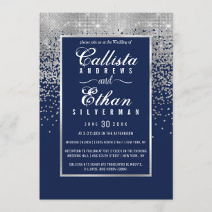 Chic Navy Blue Silver Glitzer Confetti Wedding Einladung