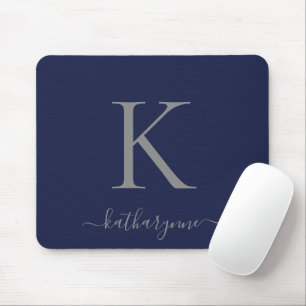 Chic Navy Blue Silver Monogram Script Mousepad