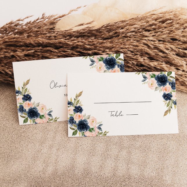 Chic Navy Blue und Blush Pink Floral Wedding Flat Platzkarte (Chic Navy Blue and Blush Pink Floral Wedding Flat Place Card)