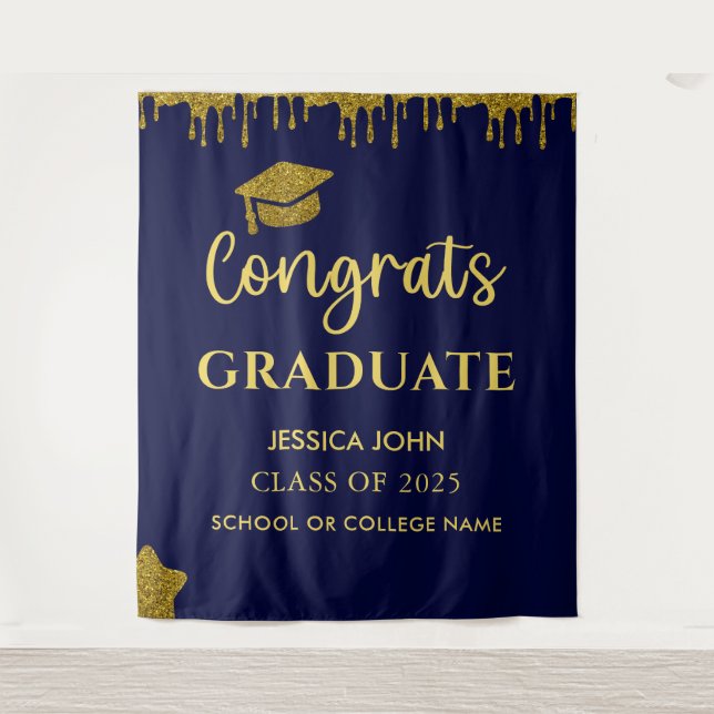 Chic Navy Blue und Gold Abschluss Foto Hintergrund Wandteppich (Vorderseite)