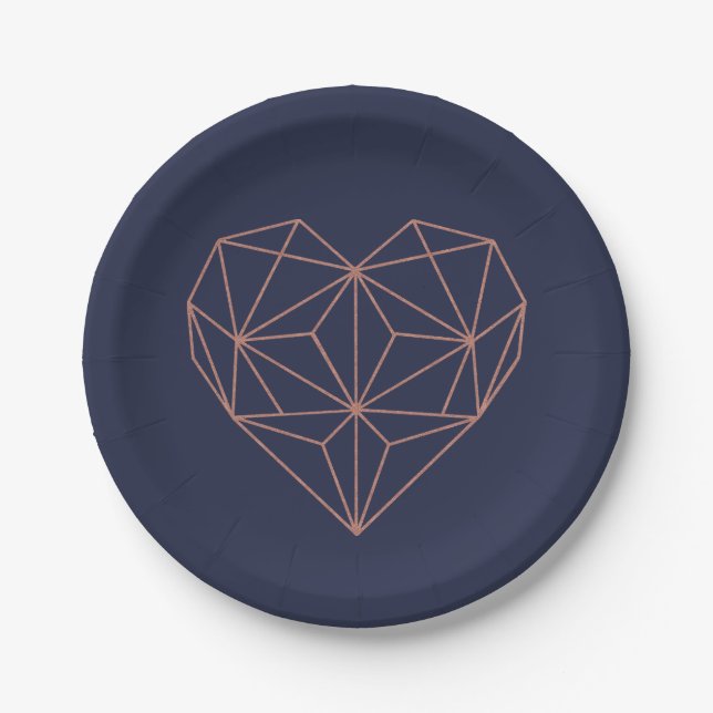 Chic Navy Blue und Rose Gold Foil Geometric Heart Pappteller (Vorderseite)