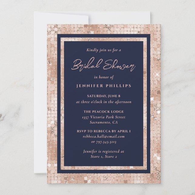 Chic Navy Blue und Rose Gold Glitzer Brautparty Einladung (Vorderseite)
