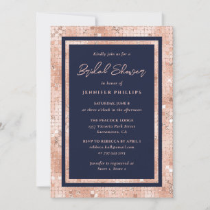 Chic Navy Blue und Rose Gold Glitzer Brautparty Einladung