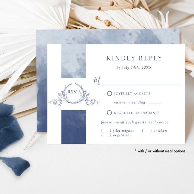Chic Navy Blue Watercolor Wedding Monogram UAWG RSVP Karte (Von Creator hochgeladen)
