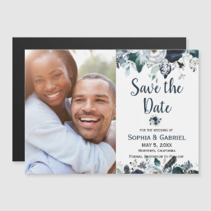Chic Navy Blue White Blume Hochzeit speichern das Magneteinladung