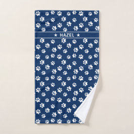 Chic Navy Blue & White Paw Print Custom Dog Handtu Handtuch