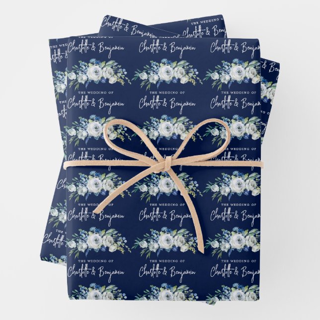Chic Navy Blue White Peony Floral Custom Wedding Geschenkpapier Set (Beispiel)