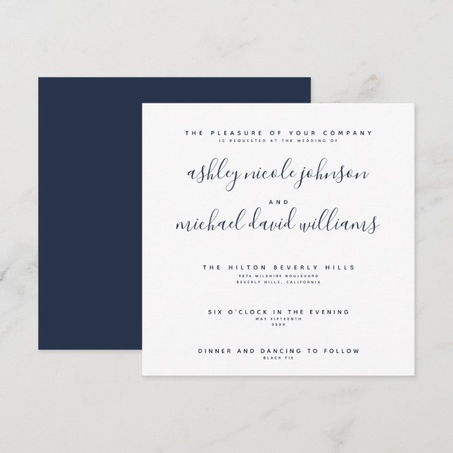 CHIC NAVY BLUE & WHITE SCRIPT Typografie Hochzeit Einladung (Vorne/Hinten)