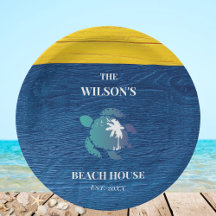 Chic Navy Blue Wood Sea Turtle Family Beach House