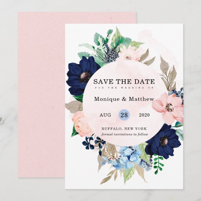 Chic Navy Blush Pink Blues Hochzeit speichern das  Einladung (Vorne/Hinten)