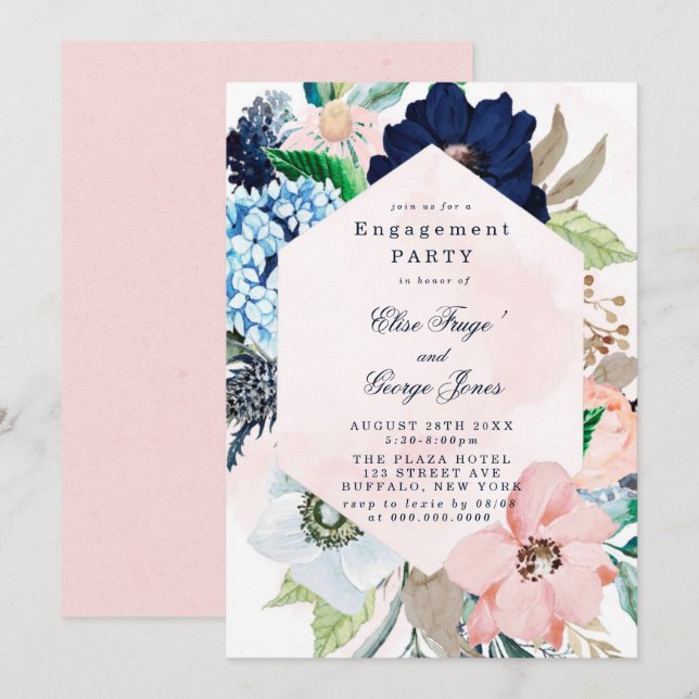 Chic Navy Blush Pink Floral Engagement Party Einladung (Vorne/Hinten)