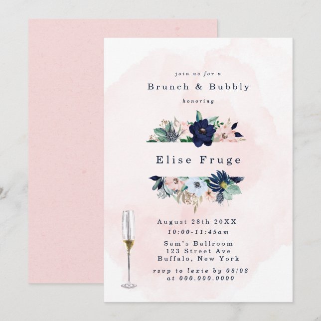 Chic Navy Blush Pink Florals Brunch & Bubbly Einladung (Vorne/Hinten)