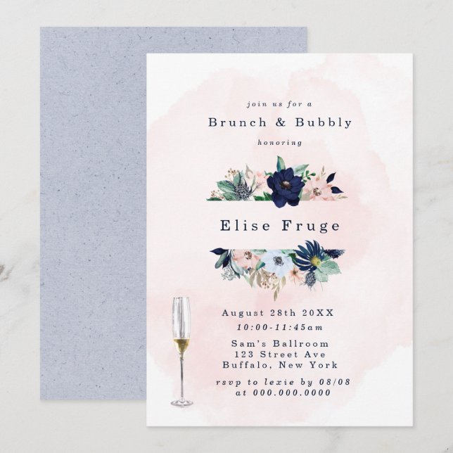 Chic Navy Blush Pink Florals Brunch & Bubbly Invii Einladung (Vorne/Hinten)
