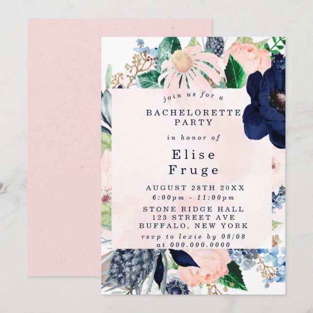 Chic Navy Blush Pink Florals Junggeselinnen-Abschi Einladung (Vorne/Hinten)