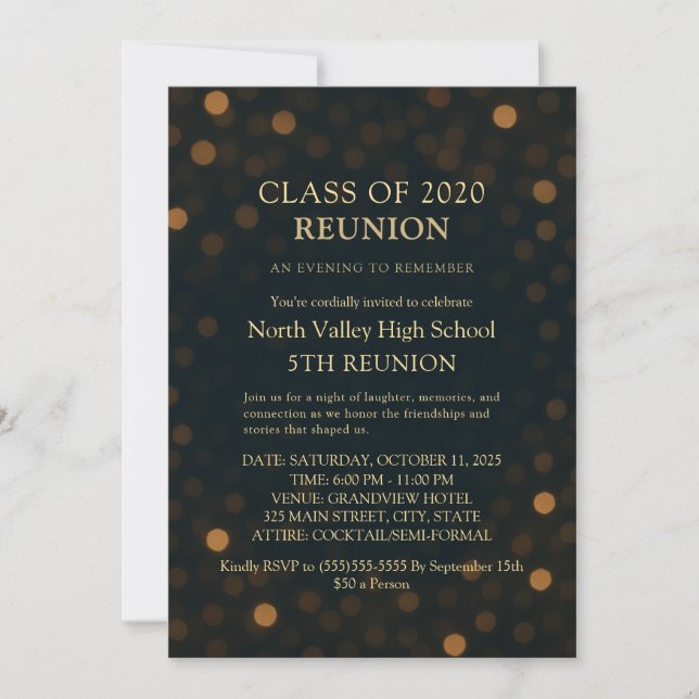 Chic Navy Gold 5th Class Reunion Invitation (Devant)