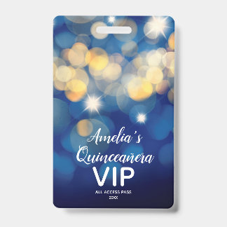 Chic Navy Gold Bokeh Quinceañera Invite VIP Pass Ausweis