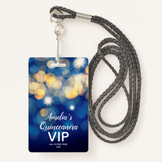 Chic Navy Gold Bokeh Quinceañera Invite VIP Pass Ausweis