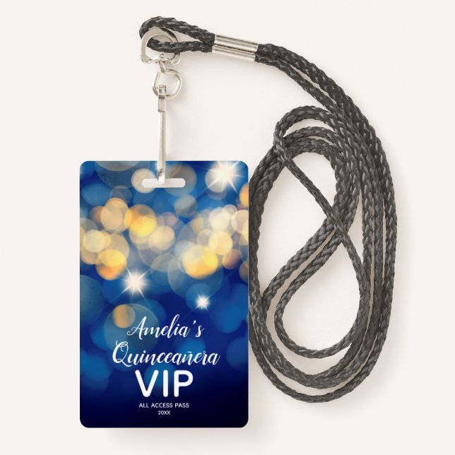 Chic Navy Gold Bokeh Quinceañera Invite VIP Pass Ausweis (Vorderseite mit Schlüsselband)