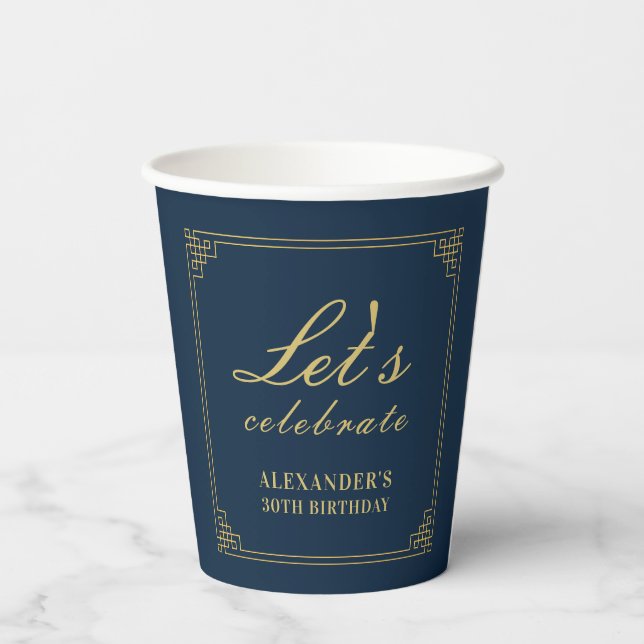 Chic Navy Gold Gatsby Let's Celebrate Pappbecher (Rückseite)