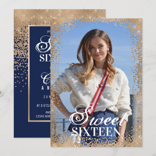 Chic Navy Gold Glitzer Confetti Foto Sweet 16 Einladung (Vorne/Hinten)