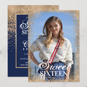 Chic Navy Gold Glitzer Confetti Foto Sweet 16 Einladung