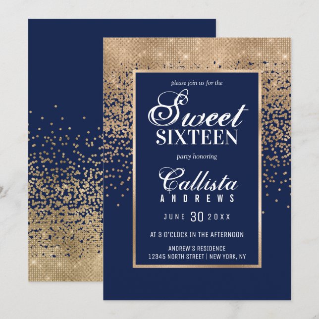 Chic Navy Gold Glitzer Confetti Foto Sweet 16 Einladung (Vorne/Hinten)