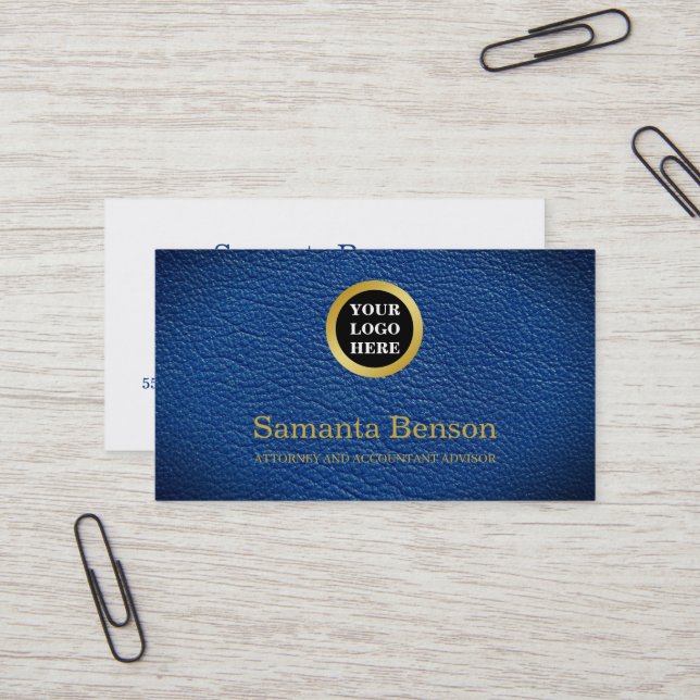 Chic Navy Leather Professional Round Gold Logo Visitenkarte (Vorderseite/Rückseite Beispiel)
