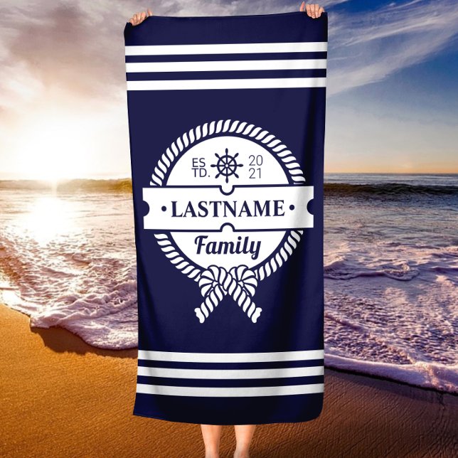 Chic Navy Nautic Rope Personalisiert Beach Handtuc Strandtuch (Chic Navy Nautical Rope Personalized Beach Towel)