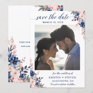 Chic Navy Peach Floral Foto Save the Date Karte