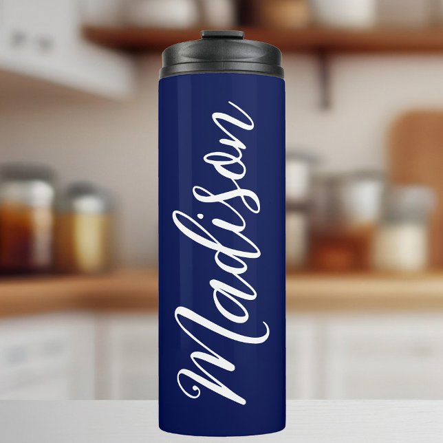 Chic Navy Personalisierter Name in White Script Thermosbecher (Von Creator hochgeladen)