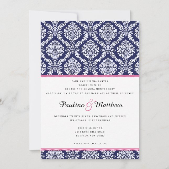Chic Navy & Pink Damask Hochzeit Einladung (Vorderseite)