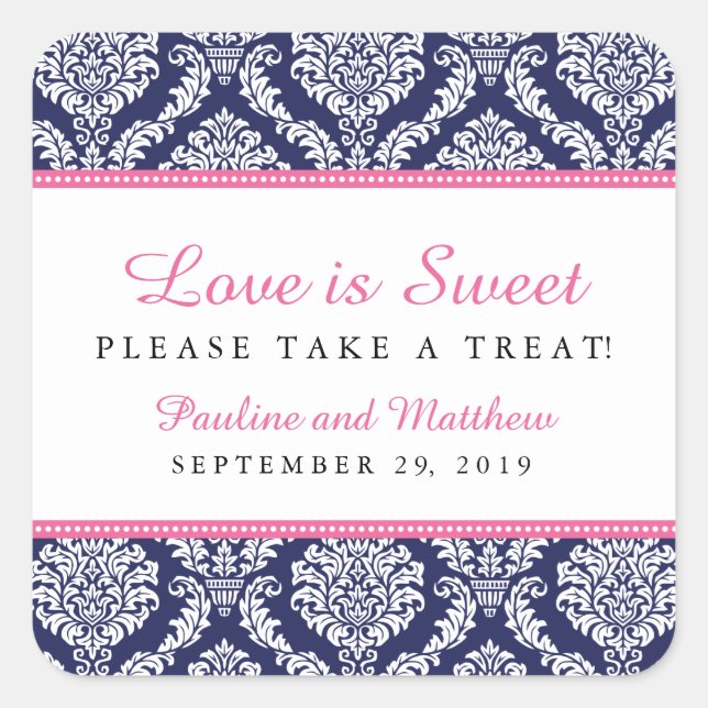 Chic Navy & Pink Damask Wedding Quadratischer Aufkleber (Vorderseite)