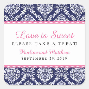 Chic Navy & Pink Damask Wedding Quadratischer Aufkleber