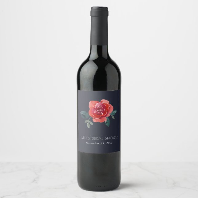 CHIC NAVY RED GREEN ROSE FLORAL BRAUTPARTY WEINETIKETT (Vorderseite)