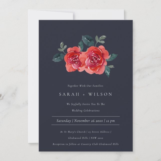 CHIC NAVY RED GREEN ROSE FLORAL WEDITE EINLADUNG (Vorderseite)